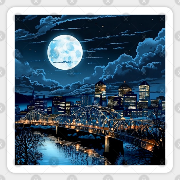 Full Blue Moon Over Portland Oregon on a Dark Background Sticker by Puff Sumo